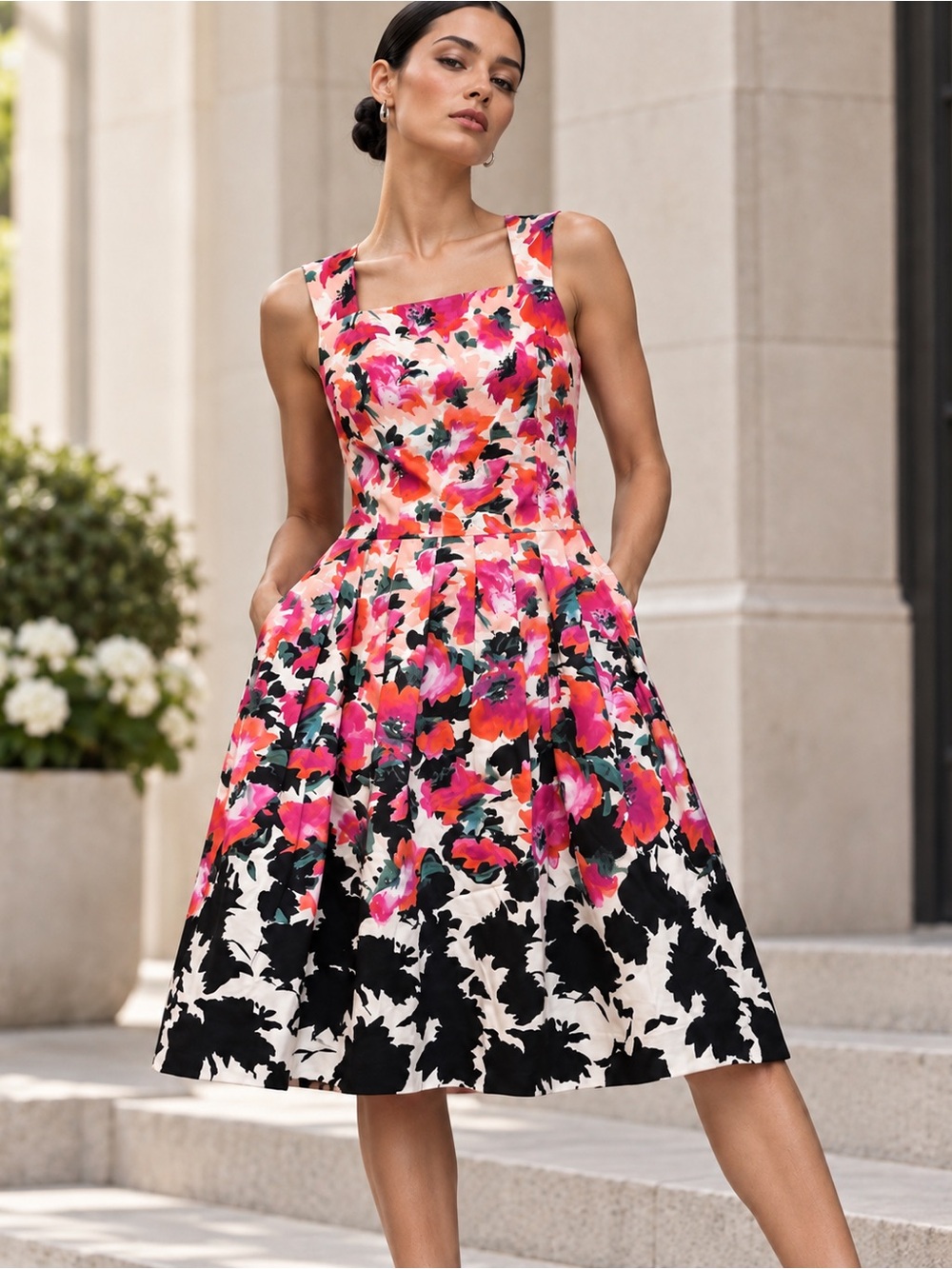 Talbots Petites 4P Floral Border Print Pleated Fit & Flare Dress
